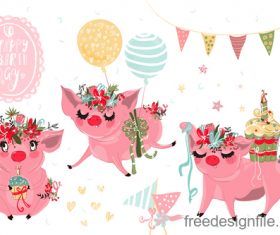 Sketch pigs birthday vector set