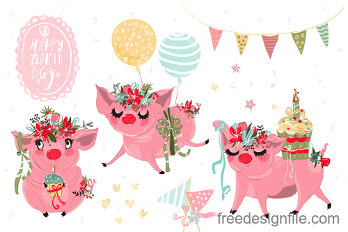 Sketch pigs birthday vector set