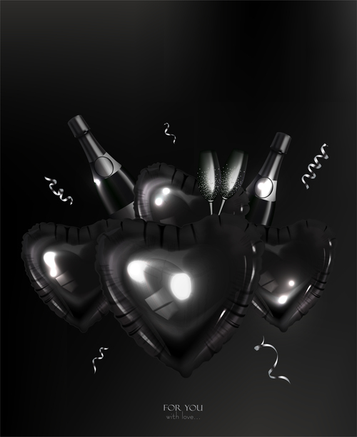 Valentines Day composition with heart balloons and glasses bottles vector