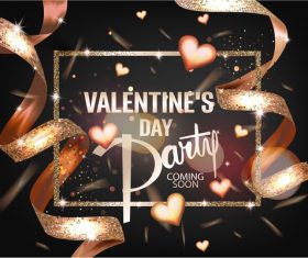 Valentines Day party card with gold hearts and ribbons vector