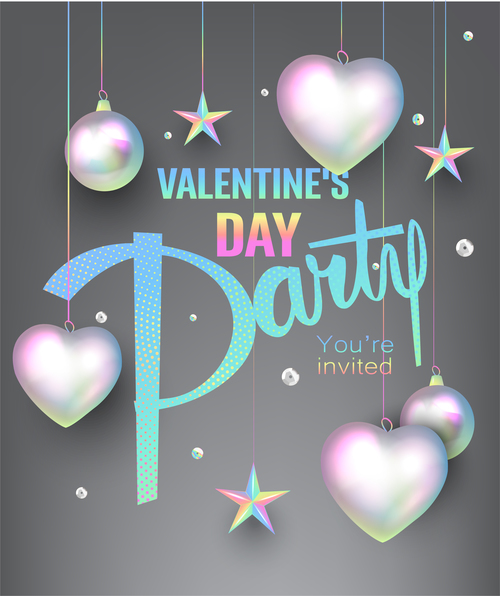 Valentines Day party invitation card with pearl colored deco objects vector