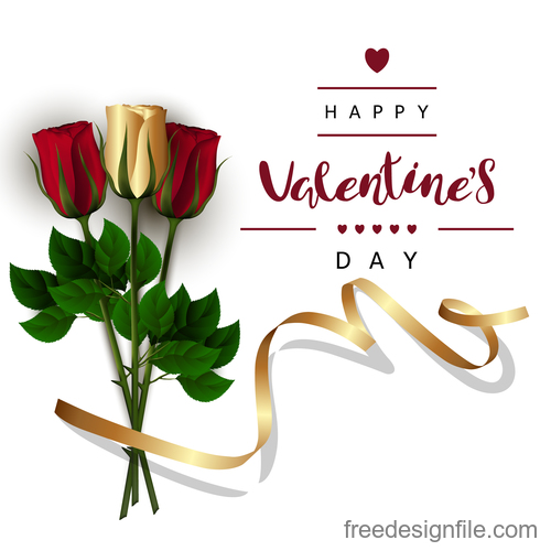 Valentines day card with golden ribbon with fresh rose vectors