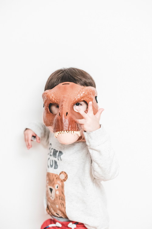 Wearing dinosaur mask for children Stock Photo