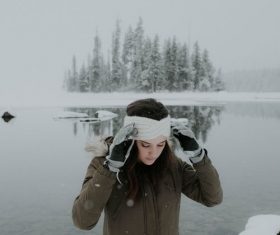 Winter lake girl Stock Photo