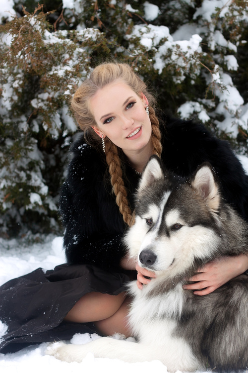 Young woman with wolf dog in snow Stock Photo 01