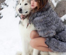 Young woman with wolf dog in snow Stock Photo 05