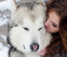 Young woman with wolf dog in snow Stock Photo 06