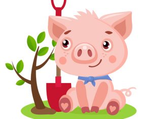 baby pig and tree vector material