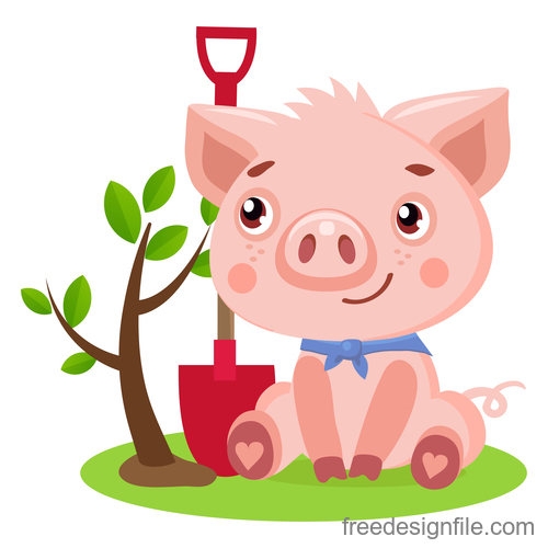 baby pig and tree vector material