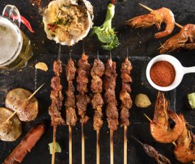 Authentic barbecue kebabs with beer Stock Photo 01