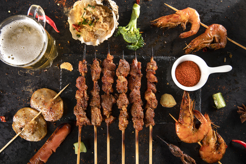 Authentic barbecue kebabs with beer Stock Photo 01