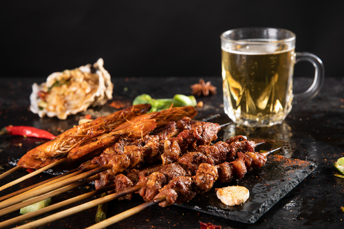 Authentic barbecue kebabs with beer Stock Photo 02