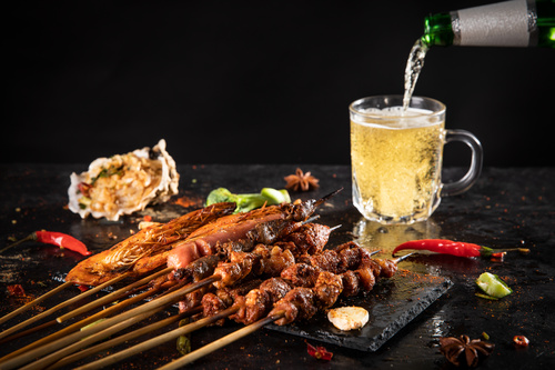 Authentic barbecue kebabs with beer Stock Photo 03