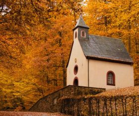 Autumn forest and chapel Stock Photo