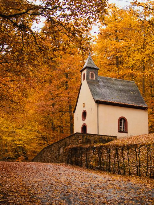 Autumn forest and chapel Stock Photo