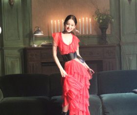 Beautiful Asian girl in red dress Stock Photo