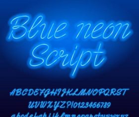 Blue neon alphabet and numbers vector