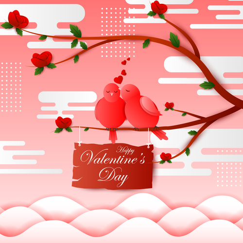 Cute birds with valentines card vector material 01