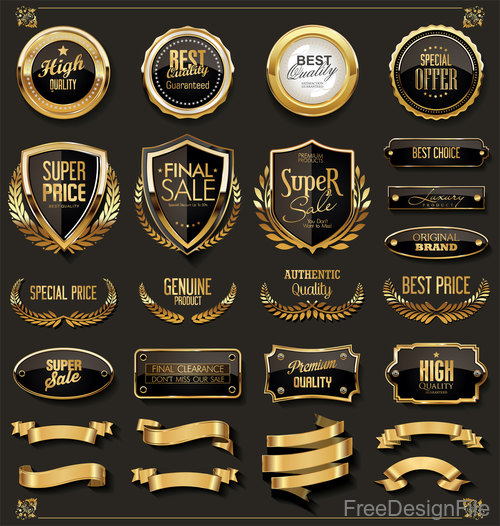Elegant black and gold badges and labels design vector set