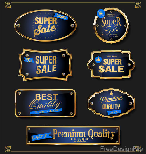 Elegant blue and gold badges and labels design vector set