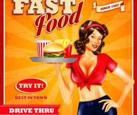 Fast food poster design waitress vector