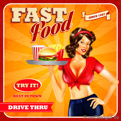 Fast food poster design waitress vector