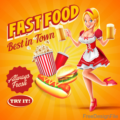 Fast food with beer and girl vector