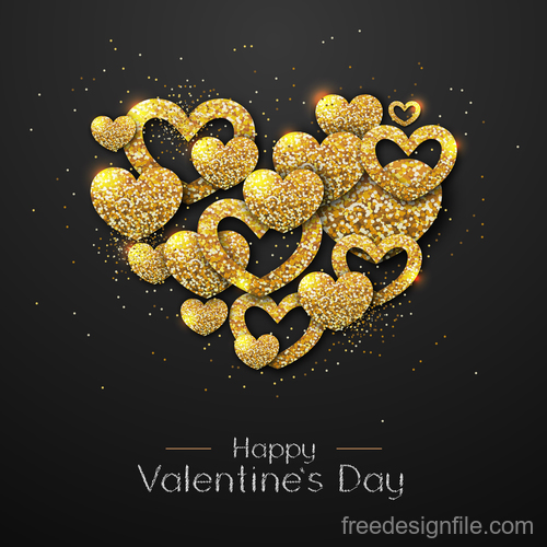 Golden confetti heart shape with valentines day background vectors 05