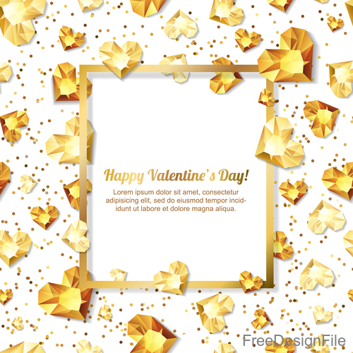 Golden diamond heart with valentine frame vector 02