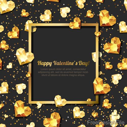 Golden diamond heart with valentine frame vector 01