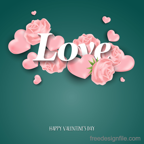 Green valentines day background with pink heart vector 02