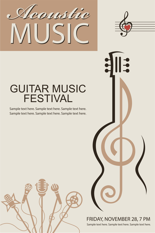 Guitar music festival poster retro design vector 03