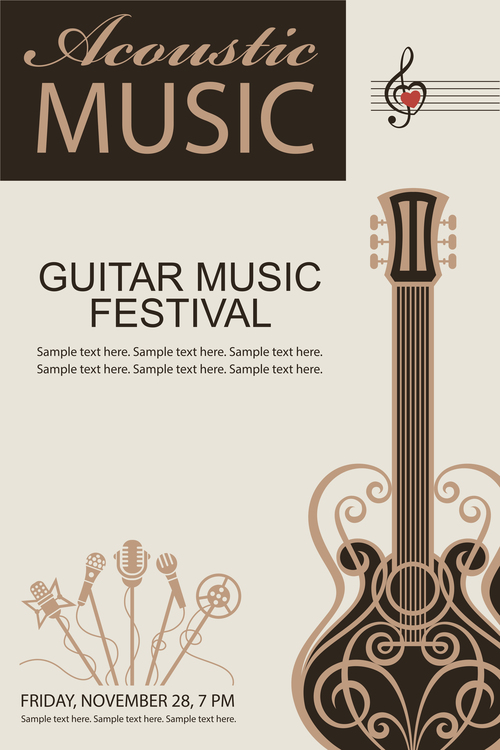 Guitar music festival poster retro design vector 07