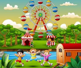 Happy kids with natural landscape vectors 01