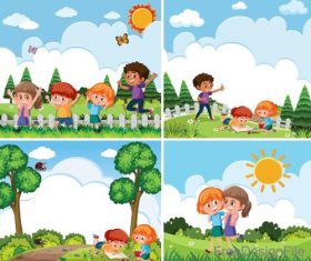 Happy kids with natural landscape vectors 02
