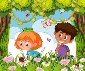 Happy kids with natural landscape vectors 03