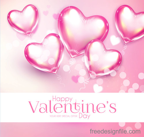 Heart air balloons with pink valentines day card vector 01