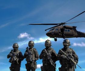 Military man with helicopter hovering in the air Stock Photo