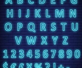 Neon blue alphabet and numbers with sign vector