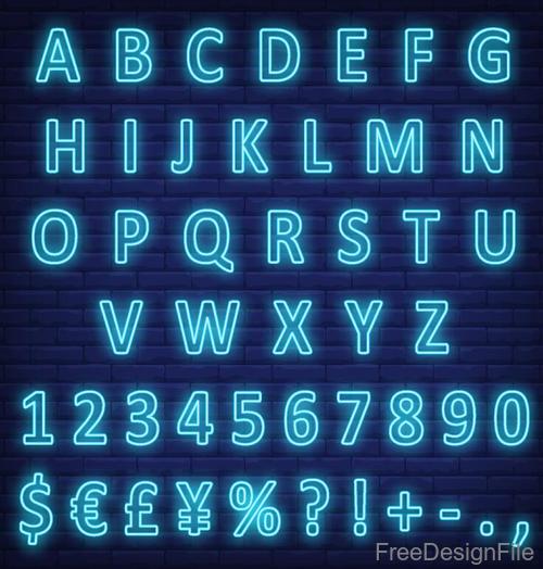 Neon blue alphabet and numbers with sign vector