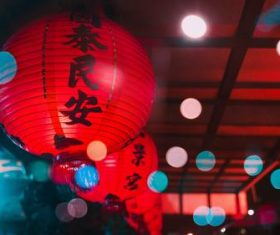 New Year beautiful blessings of red lanterns Stock Photo