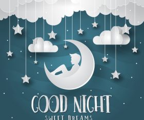 Paper art good night vector card 02