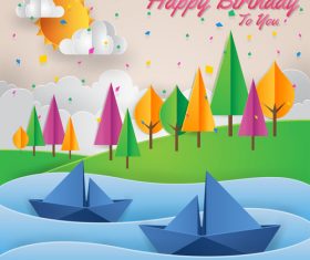 Paper art happy birthday vector card 01