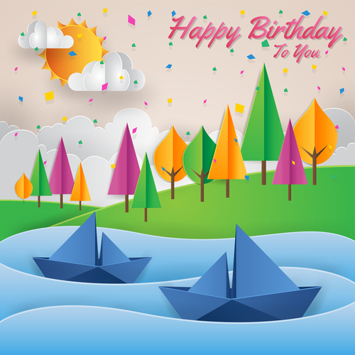 Paper art happy birthday vector card 01