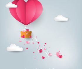 Paper hot balloon with valentines day love background vector