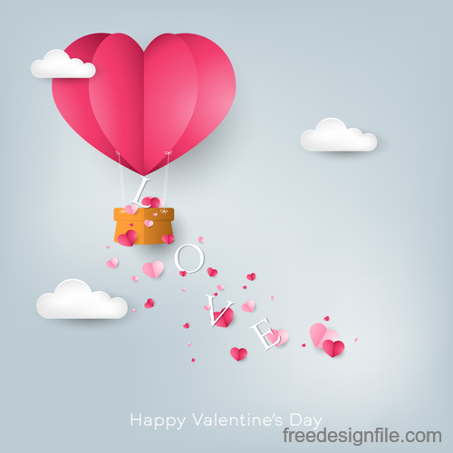 Paper hot balloon with valentines day love background vector