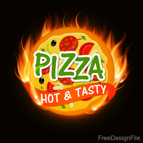 Pizza badge with fire design vector