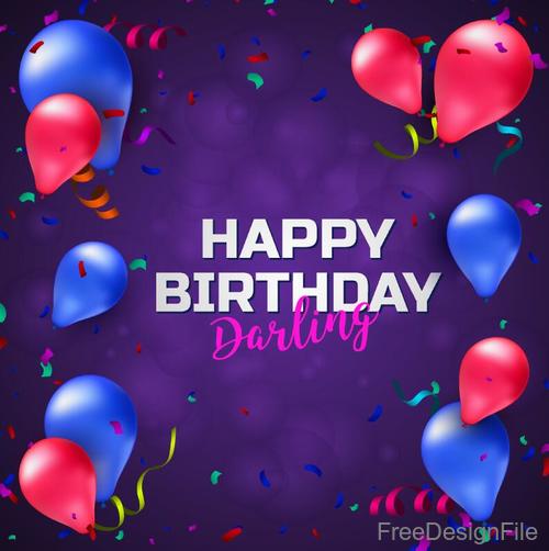Purple birthday card with colored balloons vector free download