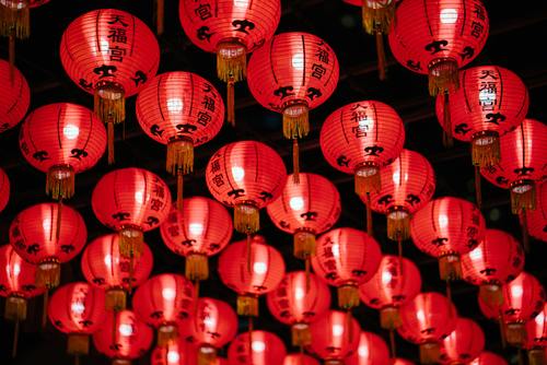 Red lanterns at Tianfu Palace Singapore Stock Photo