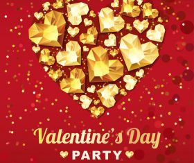 Red valentine party flyer with golden diamond vector